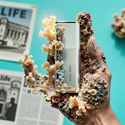 realistic product photo of a hand covered in shriveling dead semi - translucent iridescent coral reef, emitting aura, the lighter is designed by dieter rams, cyan background, 1 9 6 0, life magazine photo, natural colors, metropolitan museum, kodak, 8 k, very detailed, high resolution, product photo,