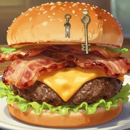 close - up of a delicious double bacon cheeseburger, key visual, a fantasy digital painting by makoto shinkai and james gurney, trending on artstation, highly detailed