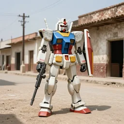 A gundam war machine standing in the street of an old dusty Mexican town, photorealistic, weapon, saloon, poverty