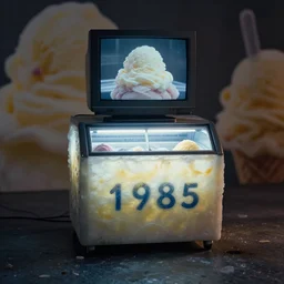 an ice cream fridge in the middle of a neapolitan ice cream river, from 1 9 8 5, made out of ice cream, bathed in the glow of a crt monitor, ice cream in background, low - light photograph, three point perspective, miniature subsurface scattering, photography tyler mitchell