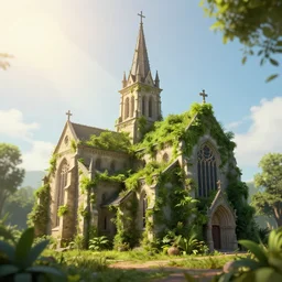 church covered with vegetation volumetric lighting unreal engine vray tilt shift sun rays matte painting hyperrealism deviantart 8 k 3 d