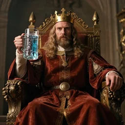king on a throne with a water - filled tankard in his hand in the style of michael sowa, detailed, 4 k, beautifully lit, from a film, cinematic, artstation
