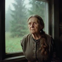 portrait bust of old woman, solemn expression, faded color film, russian cinema, tarkovsky, kodachrome, inside old cabin, next to window, heavy forest outside, long brown hair, old clothing, heavy fog, green brown color palette, hudson river school, 4 k, dramatic lighting, greg rutkowski