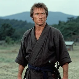 clint eastwood as a samurai in seven samurai ( 1 9 5 4 ). grainy movie still