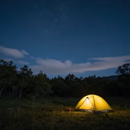 a realistic photo camping in the beautiful wilderness. open field. starry night with some clouds