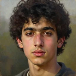 oil painting by ilya kuvshinov, baugh casey, rhads, coby whitmore, of a youthful persian - indian college student, male, handsome, high cheekbones, large sensual mouth, parsi nose, curly black hair, outdoors, highly detailed, breathtaking face, studio photography, dawn, intense subsurface scattering, blush, supple look, innocence, intense sunlight