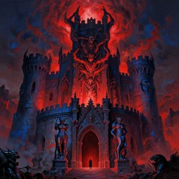 the holy castle of Hades, hellish, bright in fury, red and blue, with demon statues, hyperdetailed, artstation trending, world renowned artists, worth1000.com, historic artworks society, antique renewel, cgsociety, by greg rutkowski, by Gustave Dore, Deviantart