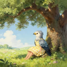 a cute harpy in a sun dress enjoying the sweet summer air under the shade of a great oak tree in summer. trending on pixiv. trending on artstation. a vibrant digital oil painting. a highly detailed fantasy character illustration by wayne reynolds and charles monet and gustave dore and carl critchlow and bram sels