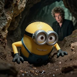 glistening fleshy blob with a minion mask crawling through a cave, bob dylan is in the background, unsettling atmosphere