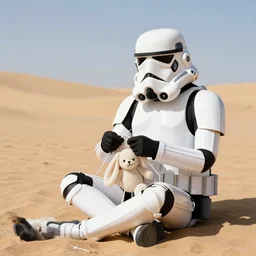 a stormstrooper sitting in desert and knitting a bunny teddybear