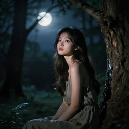 dark forest at night illuminated by moonlight, in the corner of the image there is a beautiful girl sitting in a tree, in the style artgerm, depth of field, digital art, trending