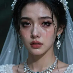 ilyana vyulnika as a young wet bride in the dark, heavy makeup, crying eyes, tears, leaked mascara, lipgloss, portrait, closeup, cute freckles, gloss effects, and exaggerated proportions, intricate silver jewelry, after rain, digital art by julia razumova and mel milton, trending on artstation, 4 k high quality cinematic