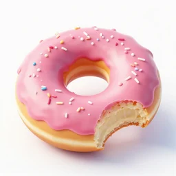 3 d render of realistic pink frosted donut with sprinkles, the donut has a bite taken out of it