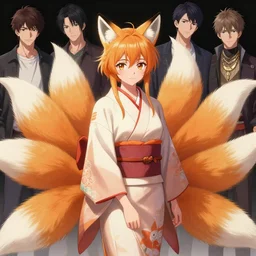 A beautiful anime-style digital painting of a beautiful young woman with fox ears and nine fox tails wearing a kimono, by Stanley Artgerm Lau, WLOP, Rossdraws, James Jean, Andrei Riabovitchev, Marc Simonetti, and Sakimichan, tranding on artstation, SFW version