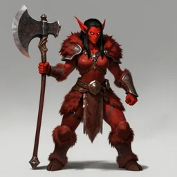 a red female hobgoblin barbarian with fur armor, black hair, trending on deviantart, dungeons & dragons, wielding a mighty axe, digital art, fantasy