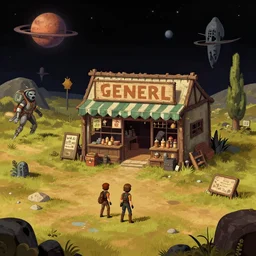 in front of a general store in a remote outpost, on an alien planet, from a space themed point and click 2 d graphic adventure game, set design inspired slightly by hg giger and tomb raider, art inspired by [ thomas kinkade ]