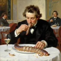 baroque oil painting of the terminator in elegant black suit eating sliced cooked dune sandworm in a beautiful restaurant, painted by greg rutkowski cushart krentz jeremy mann, dune sandworm, wine glass, marble interior, front view, close up shot, soft lighting, elegant, morandi color scheme, white embroidered tablecloth, baroque style