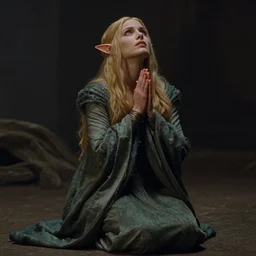 portrait of a female magic elf on her knees, looking up, praying for her life, d & d, movie still frame, hd, remastered, film grain, cinematic lighting