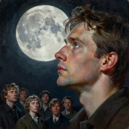 a closeup oil painting of a man staring at the moon, ultra realistic, true life, 8 k, masterpiece, cinematic, by leonid afremov, frank frazetta, greg rutkowski, christian macnevin, beeple, wlop, krenz cushart, epic character art, volumetric lighting