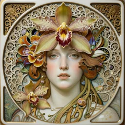 beautiful orchid fairy detailed realistic porcelain face portrait by jean delville, alphonse mucha, iris van herpen and marco mazzoni, art forms of nature by ernst haeckel, art nouveau, symbolist, visionary, gothic, neo - gothic, pre - raphaelite, fractal lace, intricate alien botanical biodiversity, surreality, hyperdetailed ultrasharp octane render