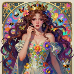 sexy, beautiful, young woman, intense eyes, tears running down, crying, vaporwave aesthetic, synthwave, colorful, psychedelic, crown, long gown, flowers, bees, butterflies, ribbons, ornate, intricate, digital painting, artstation, concept art, smooth, sharp focus, illustration, art by artgerm and greg rutkowski and alphonse mucha