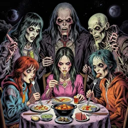 detailed image of a creepy family eating the deep space by richard corben, rich deep colors. masterpiece . intricate artwork, very coherent symmetrical artwork, cinematic, hyper realism, high detail, octane render, unreal engine, 8k, Vibrant colors, Smooth gradients, High contrast, depth of field. by Katsuhiro Otomo, full body character drawing, inspired by Evangeleon, clean ink detailed line drawing, intricate detail, extremely detailed.