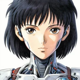 futuristic cyborg woman painted in miyazaki color style drawn by tsutomu nihei, high detail, intricate linework, sharp, smooth face, china doll face, high detail, manga and anime