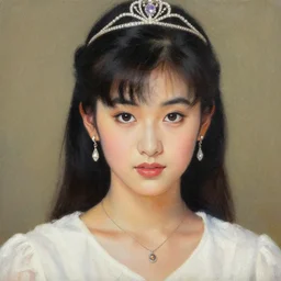 clothed in blouse, tiara, necklace, earrings. close - up face portrait painting of a japanese idol girl, by boris vallejo