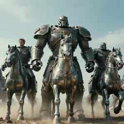 movie still frame, giant armored titans riding metal horses, beautiful composition, 8 k, by ridley scott, zack snyder and michael bay
