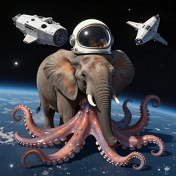 an elephant in space with a helmet on head, background spaceship in the form of an octopus