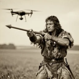 portrait of Iroquois warrior during fight with a weaponized drone, vintage old photo