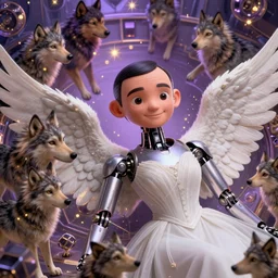 closeup portrait shot of a beautiful adorable female android mr. bean!!!!!! ultra realistic, wide angle, intricate details, lain, digital noise, raised by wolves, ridley scott, tesseracts, highlights of purple and gold, soft glows, highly detailed by peter mohrbacher, hajime sorayama, wayne barlowe, boris vallejo, paolo eleuteri serpieri, dishonored 2, white gown, angel wings, transcendent beauty