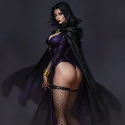 Dark Fantasy portrait, Necromancer, female, gorgeous, beautiful face, dark garments, dark pruple robes, gold bracelet, Black cloak from neck to ankles, fishnets stockings, pin-up, shapely toned derriere, digital painting, illustration, by by Albert Aublet, Krenz Cushart, WLOP and Sakimichan, artstation