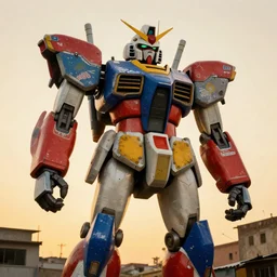 colourful but damaged giant mecha ROBOT of AJEGUNLE SLUMS of Lagos, markings on robot, Golden Hour,