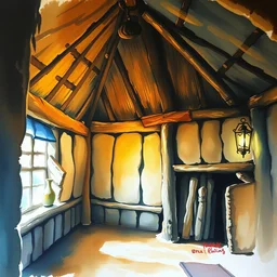 bold wet paint brush strokes, abstract watercolor painting of rustic village house, interior closeup, medieval straw roof, scandinavian viking age, ambient lantern lighting, art by hans dahl, by jesper ejsing, art by anders zorn, wonderful masterpiece by greg rutkowski, cinematic light, american romanticism by greg manchess, impressionism by tyler edlin