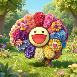 A brain made of colorful flowers, in a peaceful garden, art by Takashi Murakami, unreal engine 5