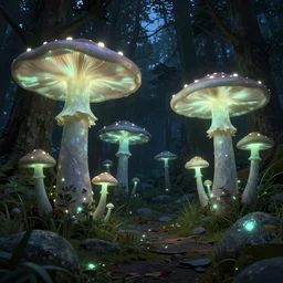 a forest of giant luminous mushrooms, lush grey grass and glowing stones on the forest floor, dark volumetric environment lighting, night time lighting, by greg rutkowski by greg tocchini by james gilleard, concept art, digital art, 8 k, hdr, fantasy, dark fantasy, trending on artstation, intricate