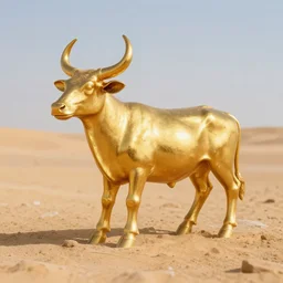 a realistic detailed photo of a golden calf, shiny gold, a statue, golden calf idol in the middle of the desert. egypt.