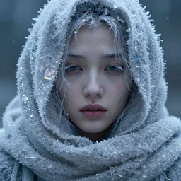 detailed face of a cold woman bundled in a textile scarf, lush, opulent, crystallized, light cascade, shimmer, soft reflections, prism, frosty, atmospheric, ambient, pj crook, syd mead, livia prima, artgerm, greg rutkowski, nick alm, casey baugh