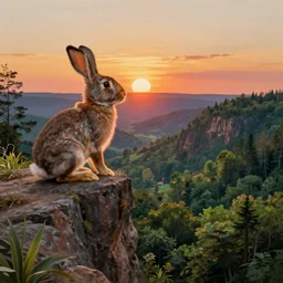 rabbit looking off of a cliff, sun setting behind rabbit, lush forest in valley below, painted by tom bagshaw, james gurney, gaston bussiere, craig mullins, j. c. leyendecker 8 k