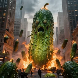 sentient horrifying extremely detailed massive pickles attacking New York City and lighting it on fire, press photography, photorealistic, unreal engine, cinematic, wide angle shot