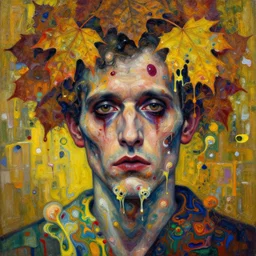 close - up portrait of ugly man by irakli nadar with intricate detailed color smashing fluid oil paint and acrylic, autumn leave headdress, melting wax, mycelia, abstract impressionism, ruan jia, fantasy, hyper detailed, concept art, by peter mohrbacher and gustav klimt,