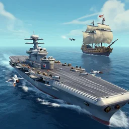 Gameplay screenshot of an aircraft carrier!!! in Sea of Thieves!!! with jets bombing!!! a galleon, Unreal Engine