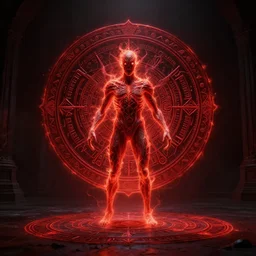 Magical creation of protohuman on complex sigil with lots of detail in an empty dark room. Glowing fiery red, hyperrealism, horror art, masterpiece