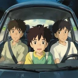 a film still a three guys in a car facing the camera, fisheye camera,!! inside!! the car, camera inside the car, detailed smooth face, perfect art,, trending on pixiv fanbox, painted by gaston bussiere, makoto shinkai, akihiko yoshida, gaston bussiere, craig mullins, studio ghibli