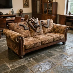 Gaping Dragon couch in a wet tiled stone floor living room, furniture photography, 4k, DSLR camera photo,