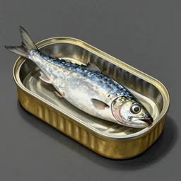 silver sardine in a golden tin, extremely detailed masterpiece, illustration, dark vibes, by michael sowa,