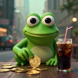 pepe frog using the last golden coin to buy soda, city backround, emotional, cinematic, cinematography, photography, highly, defined features, hdr,