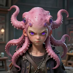artstation furious young teen with purple eyes and pink tentacles on her head , very detailed, in glass town, portrait, ultra realistic intricate clothes