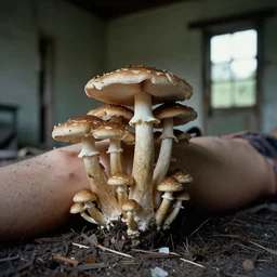 1 9 7 0 s photography, mushrooms growing from and over human body in abandoned house
